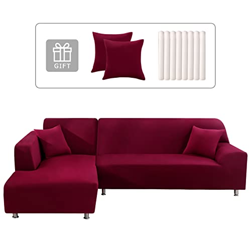Lydevo Housse de Canapé d'angle Extensible 2 Pièces Housse de Canapé vec Accoudoirs Convertible avec Deux Taies d'oreiller Couverture de Canapé d'angle Forme de L Revêtement Canapé,Vin Rouge