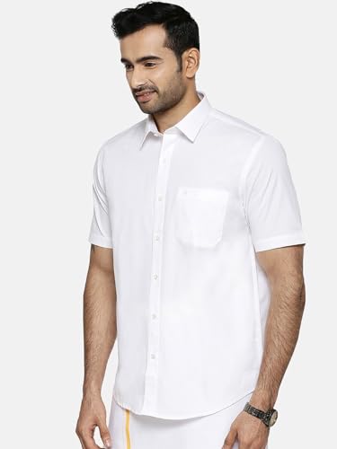 Image of RAMRAJ COTTON Men White Half Sleeve Shirt Crafted For Comfort| Durability| And Timeless Everyday Style