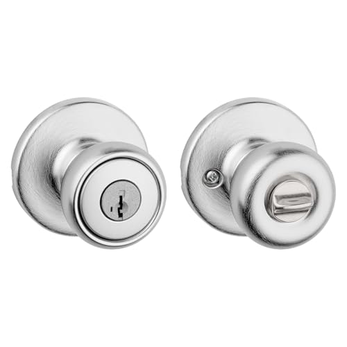 Kwikset Tylo Entry Door Knob with Lock and Key, Secure Keyed Handle Exterior Doorknob, Front Entrance and Bedroom, Satin Chrome, Pick Resistant SmartKey Rekey Security