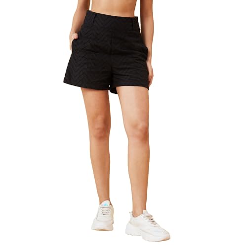 Image of Globus Women Black Self Design High-Rise Regular Shorts with Zip Closure-3638803001