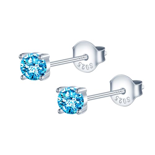 MOOFUN 4MM Zirconia Coucles D'oreilles Femme 925 Argent Fiche Boucles D'oreilles Bleu Premières Boucles D'oreilles pour Maman Amie Fille Sœur Femmes Cadeau...