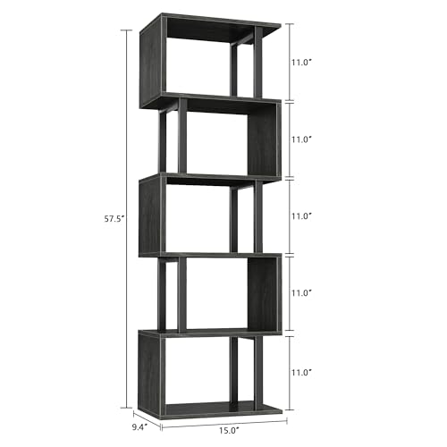 Image of Furologee 6 Tier Bookshelf Tall Geometric Bookcase, S Shaped Industrial Display Standing Shelf, Metal and Wood Decorative Storage Room Divider Rack for Bedroom, Living Room, Office, Light Black Oak