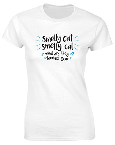 Hippowarehouse Smelly cat Smelly cat What are They Feeding You Womens Fitted Short Sleeve t-Shirt (Specific Size Guide in Description) White