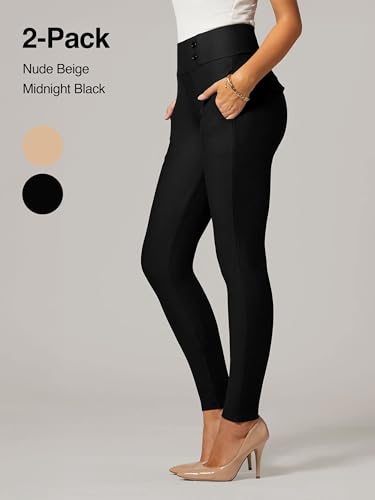 Conceited 2-Pack Stretch Slacks for Women - Wear to Work - Slim Leg Dress Pants with Pockets - Khaki, Black - (Small)3