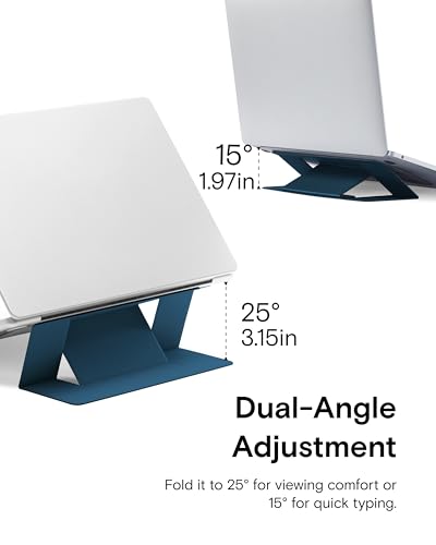 Image of MOFT Laptop Stand for Desk, Adhesive MacBook Computer Stand with 2 Adjustable Viewing Angles, Foldable and Portable Laptop Riser Compatible with 11 inch-16 inch Laptops, Blue(Adhesive Version)