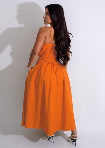 Image of YUEWOO Midi Dresses for Women Casual Summer Sundresses Vacation Outfits Spaghetti Strap Smocked Women Maxi Dress with Pockets