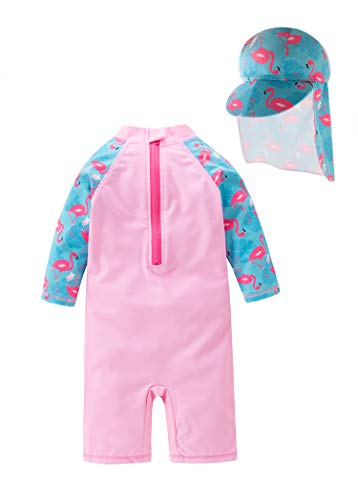 stylesilove Little Girl Pink Flamingo One-Piece Rash Guard Swimsuit with Sun Hat 2pcs Set Bathing Suit Beach Siwmwear2