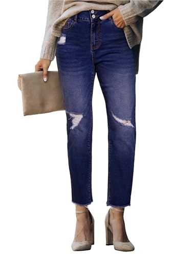 STARBILD Vaqueros Rectos para Mujer con Rotos y Bolsillo, Jeans Straight High Rise Pantalones Denim, Rasgados - Azul Oscuro M