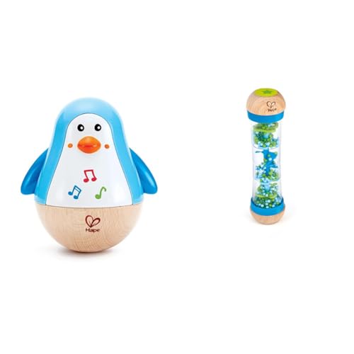 Hape Stehauf-Pinguin | Farbiger Stehauf-Pinguin mit Melodie, Stehauf-Spielzeug f&uuml;r Kinder im Alter von 6 Monaten und &auml;lter & Regenmacher | Mini-Rassel aus Holz Regenmacher-Spielzeug, Blau