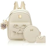 Noamus 3Pcs Cute Leather Backpack Purse for Women, Mini Bowknot Shoulder Bag, Fashion Beige Zipper Bags with Bear Pendant, Casual Bag Travel Daypacks for Lady Gift
