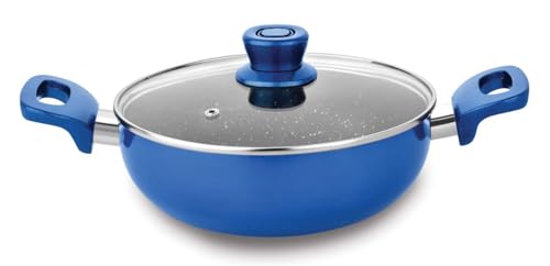 Image of KITCH'N'STUFF || Non Stick Hammered Tone Kadhai with Glass Lid 1 LTR, 22 cm, Blue (THk 3.0MM)