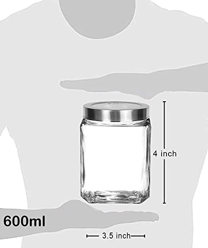 Vency Piramal Glass Cubical Square Transparent Glass Jars & Containers for Kitchen Pantry, Snacks, Masala, Jams, Pickles, Cookies, Dry Fruits, Coffee Beans Storage with Lid (600ml, Set Of 6)