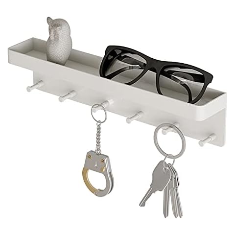 Wall Key Holder with 6 Hooks Wall Mount Mail Key Rack for Wall Decorative, Multifunctional Free Punching Wall-Mounted Storage Rack Self-Adhesive Key Hanger (White) Cover