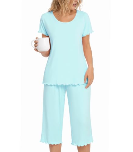 Image of NACHILA Women's Bamboo Viscose Pajama Sets Summer Cooling Short Sleeve Capri Soft Pjs Night Sweats Moisture Wicking Sleepwear