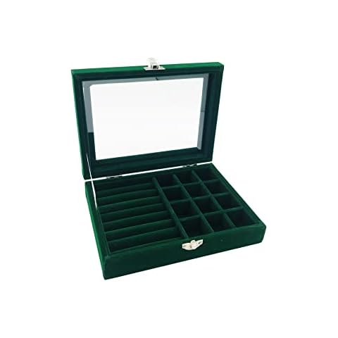Jewelry Box Organizer, Jewelry Storage Box with Clear Glass Lid, Velvet Glass Jewelry Ring Box, Jewelry Case For Women And Girls (Green) Cover