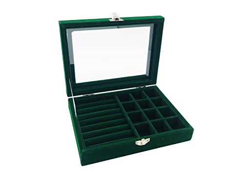 Jewelry Box Organizer, Jewelry Storage Box with Clear Glass Lid, Velvet Glass Jewelry Ring Box, Jewelry Case For Women And Girls (Green)