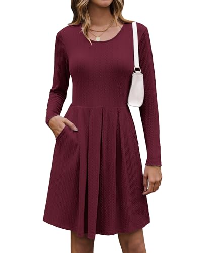 AUSELILY Long Sleeve Dress Women 2025 Crew Neck Fall Dresses Casual Knee Length Dress with Pockets