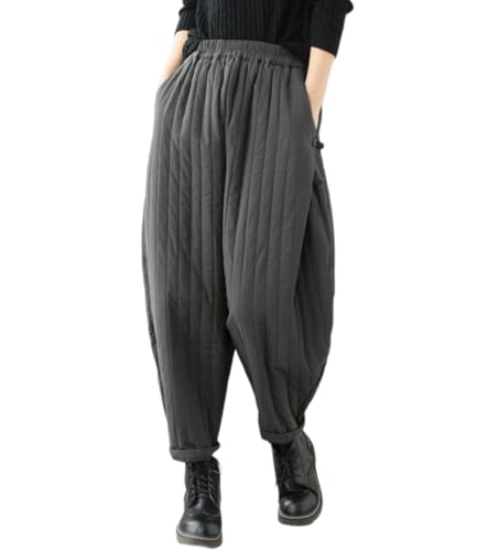 Women Winter Warm Down Cotton Pants Thicker Padded Quilted Pants Relaxed Fit Wide Leg Trousers with Pockets Grey