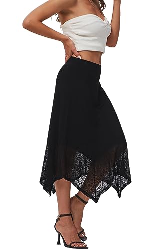 DJT Womens Flat Elastic High Waist Skirts Stretchy Flowy Handkerchief Lace Splicing Hem Midi Skirt3
