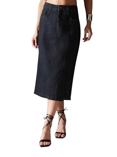 Jupe midi en denim pour femme coupe droite et taille haute extensible Miss Chase