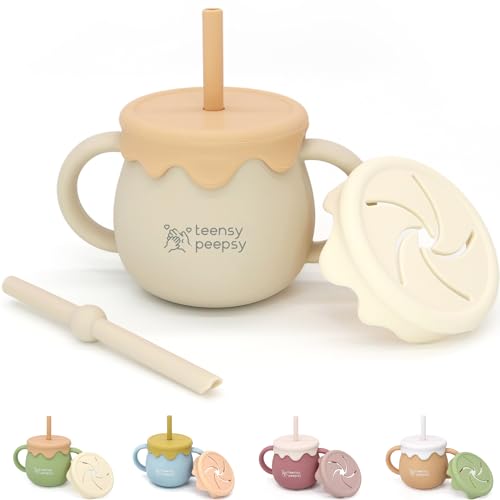 Image of teensy peepsy Honey Pot 3-in-1 Silicone Training Cup 8.5oz, Unisex Baby Sippy Cup with Straw & Snack Lid for 6 months+ Break Resistant Straw Cup, Toddler Smoothie Mug (Sandy Beige)
