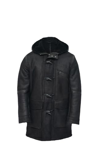 Infinity Leather Duffle Coat à Capuche en Cuir de Mouton Noir Pour Homme