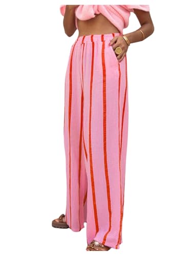 Women's Striped Wide Leg Palazzo Pants Elastic High Waisted Casual Long Trousers with Pockets