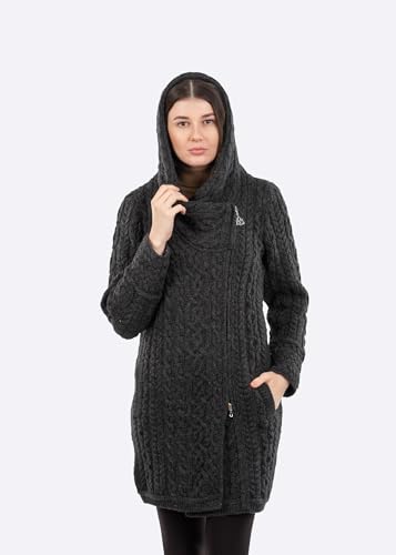 Image of SAOL Ladies Irish Aran Zip Cardigan - 100% Merino Wool Coat with Pockets and Hood, Made in Ireland