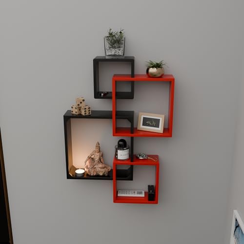 Image of ETIQUETTE ART Floating Cube Shelves - Intersecting Wall Mounted Shelves - Wall Decor Square Shelves for Bedrooms, Living Rooms & More - Set of 4 Box Shelves (Red & Black)