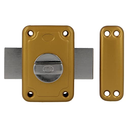 Amig - Cerradura Sobreponer Acero Esmaltado Oro Modelo 80 En Oferta Amig - Cerradura De Sobreponer Con Palanca De Cierre Y Muletilla Interior Para Puertas De Madera Mod. 80 | 96 X 66 Mm | Pestillo Con Cilindro Redondo De Seguridad | Acero Esmaltado Oro