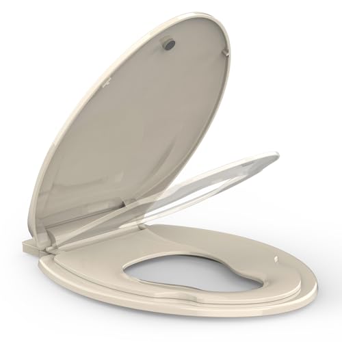 Toilet Seat Elongated,Toilet Seat with Toddler Seat Built in, Potty Training Toilet Seat Fits Both Adult and Child, with Soft Close, Easy Install and Clean - Fits Most Elongated Toilets Almond