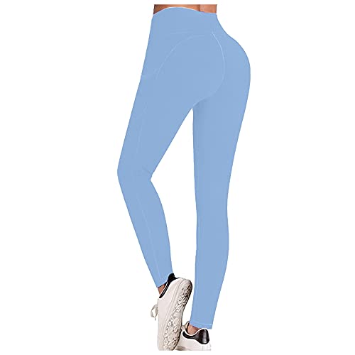 Leggings de cintura alta para mujer, de un solo color, para yoga, correr, fitness, deporte, con nueve puntos, anticelulitis, sin costuras, push up, azul claro, M