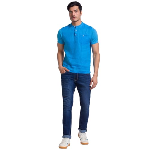Image of Parx Men's Pure Linen Solid Pattern Regular Fit Henley Neck Half Sleeve Casual T-Shirt