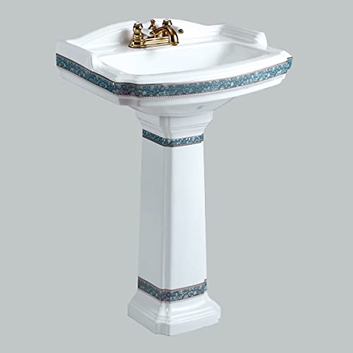 Renovators Supply Manufacturing India Reserve 23" W Ornate Pedestal Bathroom Sink White Blue And Gold Decorative Heavy Duty Porcelain Sink, 4" Centerset Faucet Holes, High Backsplash And Overflow #TOP1