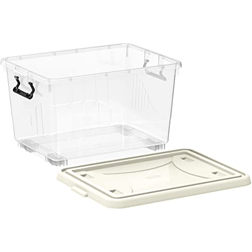 Cosmoplast 55L Clear Plastic Storage Box With Wheels & Lockable Lid, Off White, 55-Liters