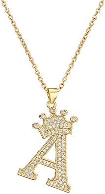 cmoonry A-Z Crown Initial Necklace for Men Women 14K Gold Plated Iced Out Monogram Pendant with 18" Chain+2"(Extended) DIY Name Jewelry (Initial A)