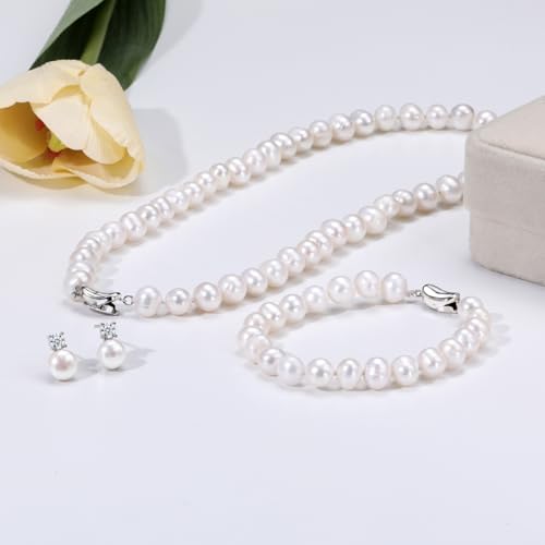 Freshwater Pearl Necklaces Set for Women Includes White Silver Pearl Bracelet and Pearl Diamond Stud Earrings Jewelry Set for Women Men Mother Wife Girlfriend Birthday Wedding Christmas Gifts4