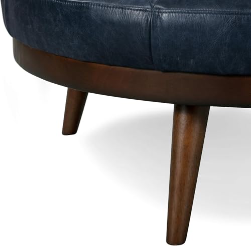 Image of POLY & BARK Gio Ottoman - 30 inch Round with Feather-Down Topper - Full-Grain Leather Upholstery - Couch Ottoman for Living Room - Vintage Italian Leather in Midnight Blue
