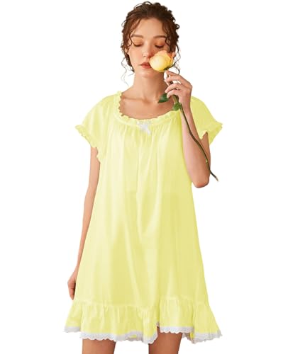 Image of Nanxson Women's Cotton Nightgown Short Sleeve Sleepwear Vintage Nightshirt | Summer Victorian Sleepdress,White Sleepshirt,U Neck Lace Loungewear,Soft Nightshirt,Loose Loungedress,Bride Nightwear