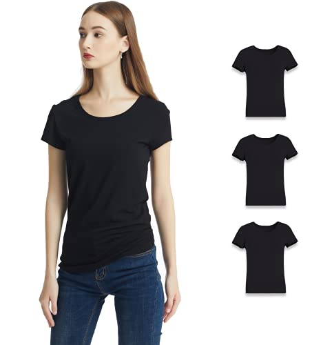 KELOYI Camisetas Mujer Verano Justada Negro Blusas Mujer Cuello Redondo Ropa Mujer Verano 2021 Manga Corta Basica Pack de 3 XL Cover
