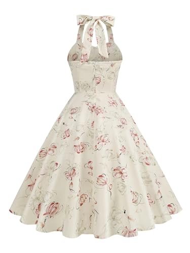 Women's Ruched V-Neck Floral Vintage Dress Backless Flare Evening Dress for Party Wedding Cocktail3