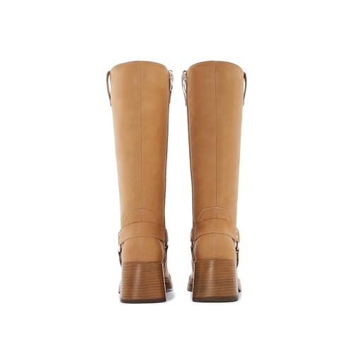 Women's Camel Suede Boots for Women Chunky Heel Square Toe Biker Boot with Buckle Strap Fashion Mid Calf Riding Boot3