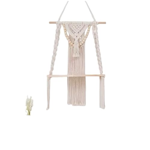 マクラメ編みウォールシェルフ、ボヘミアン装飾棚、木製、40×60cm、ウッドビーズ付き、吊り下げ式収納、ベージュ