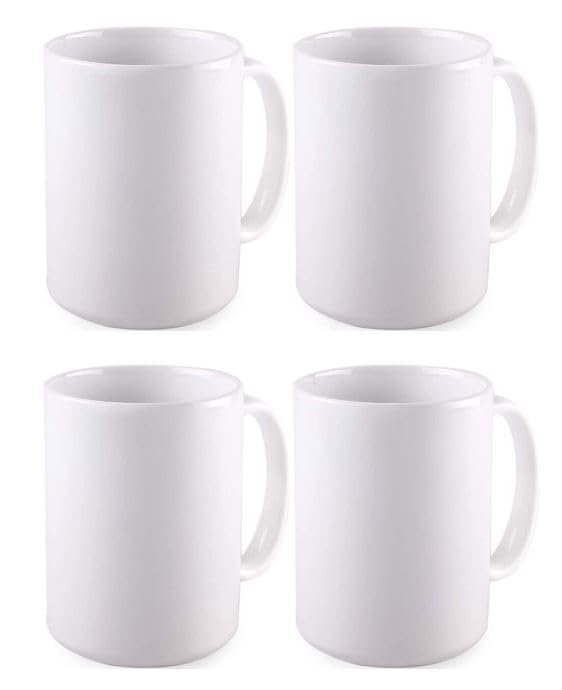 BLUE RIBBON White Sublimation Plain Blank Coffee Mug Made of Ceramic - 15 oz - Comes with Gift Box and Foam Supports (PACK OF 4)