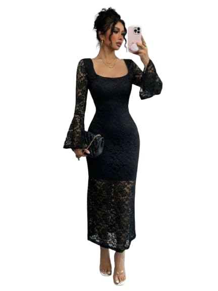 Image of Women Black Lace Bodycon Midi Dress | Square Neck Full Sleeve Dress | Slim Fit Evening & Cocktail Dress for Party, Birthday, Date Night & Wedding