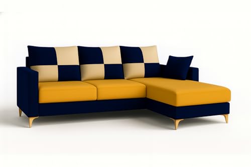Image of CASASTYLE Brogan 4 Seater Fabric RHS L Shape Sofa Set (Yellow-Dark Blue) in Premium Velvet Finish | Durable Comfort | Ideal for Living Room