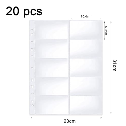 20 Pack Visitenkartenhülle A4,Visitenkartenhülle A4 mit 10 Fächern,Transparente Postkartenhüllen,Ultra-Clear Visitenkartenblätter mit 11 Löchern,Fotohüllen,Postkartenhüllen(104 * 59mm)