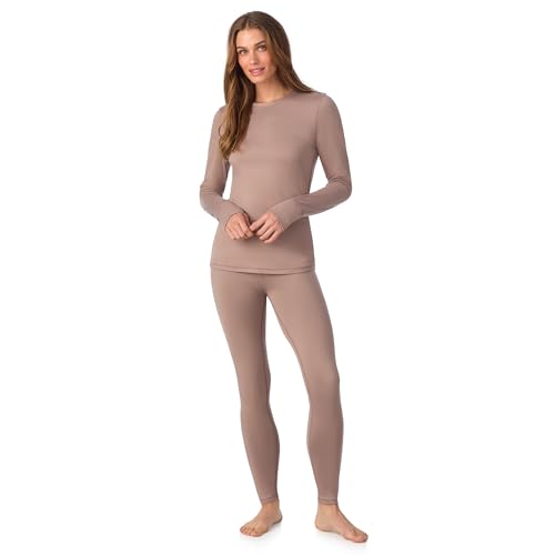 Cuddl Duds Womens Heavyweight Fleece 2 Piece Long Sleeve Thermal Underwear Set – Shirt & Leggings Base Layer for Cold Weather – Winter Clothing Long Johns Lounge Sets for Women, Taupe, M