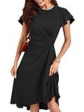 oten Womens Elegant Ruffle Sleeve Ruched Waist Flowy A Line High Low Cocktail Party Wedding Guest Dress, Black, Medium