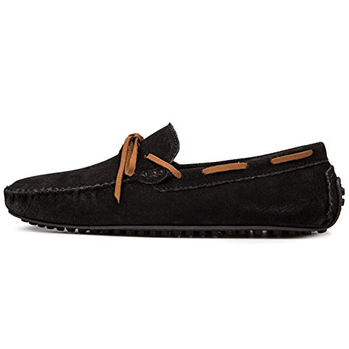 Driving Loafers for Men Deck Moccsins Lace Up Tie Decor Stiching Faux Suede Upper Flat Boat Shoes with Back Non-Slip Studs Business(Black,10 M US)2